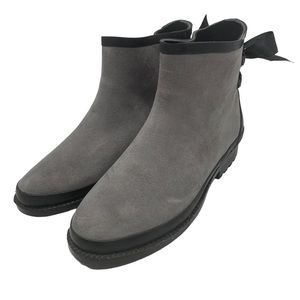 Gray Faux Suede Ankle Boots with Black Bow Detail Slip-On Style